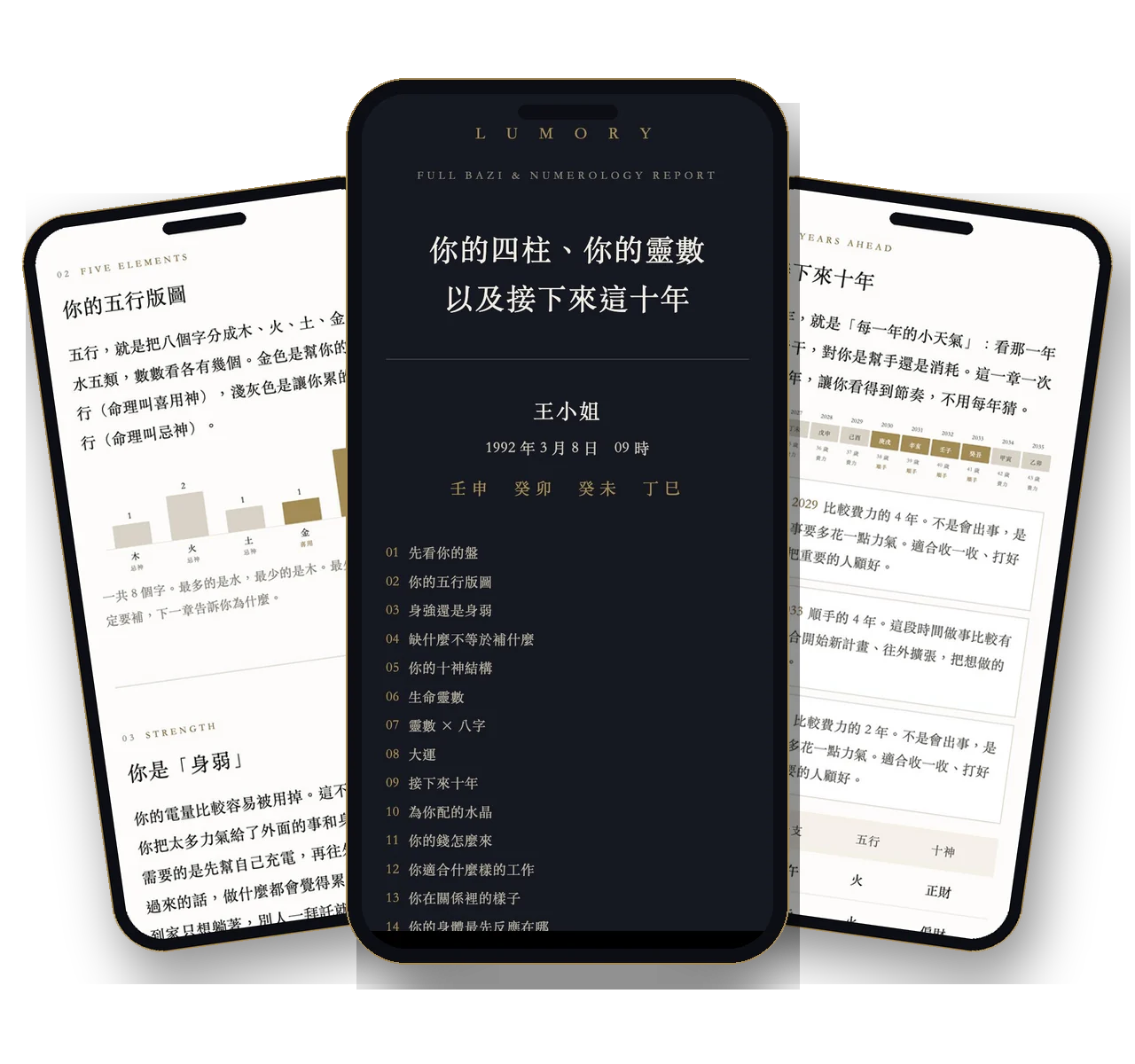 完整命盤報告的實際畫面：封面與 16 章目錄、五行版圖、接下來十年