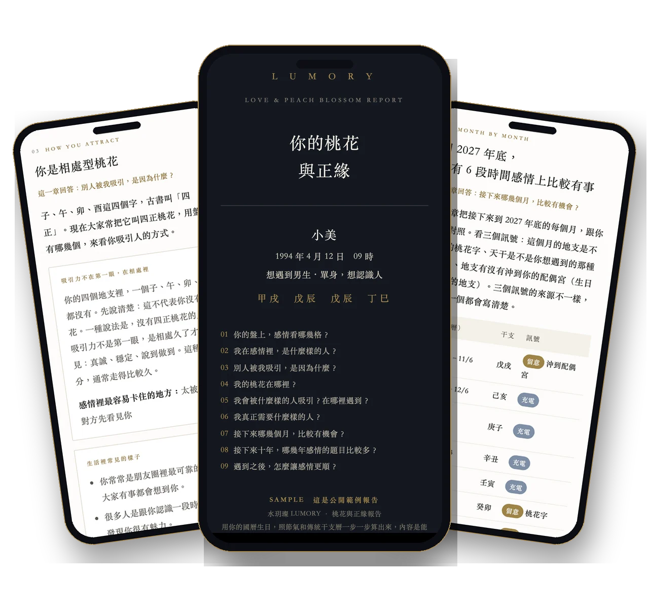 桃花與正緣報告的實際畫面：封面、你吸引人的方式、每個月的時間表