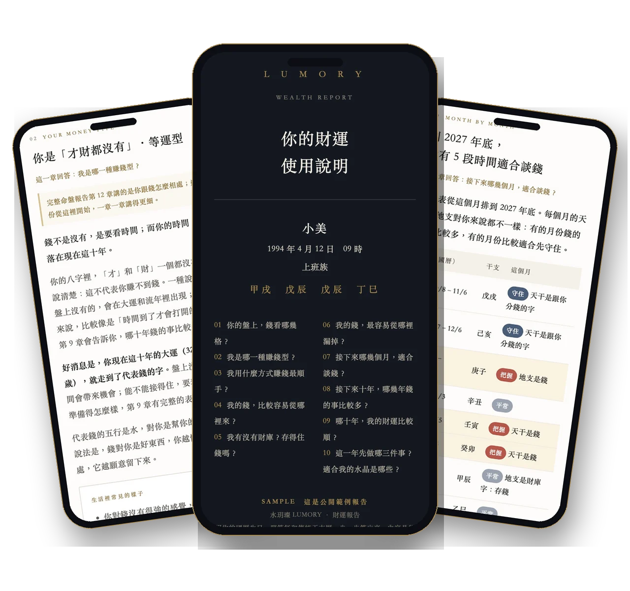 財運與財庫報告的實際畫面:封面、你是哪一種賺錢型、每個月的時間表